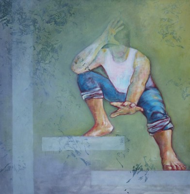 Gemälde in Mischtechnik eines Mannes ohne Kopf auf einer Treppe,
       Illustration des Liedes Kopf verlorn von von Peter Fox